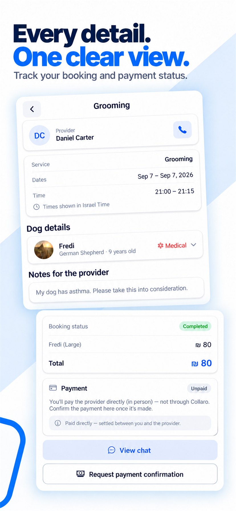 Store screenshot titled “Every detail. One clear view.” — a booking's details: provider, dates and time, dog details, notes for the provider, status, total and the direct-payment note