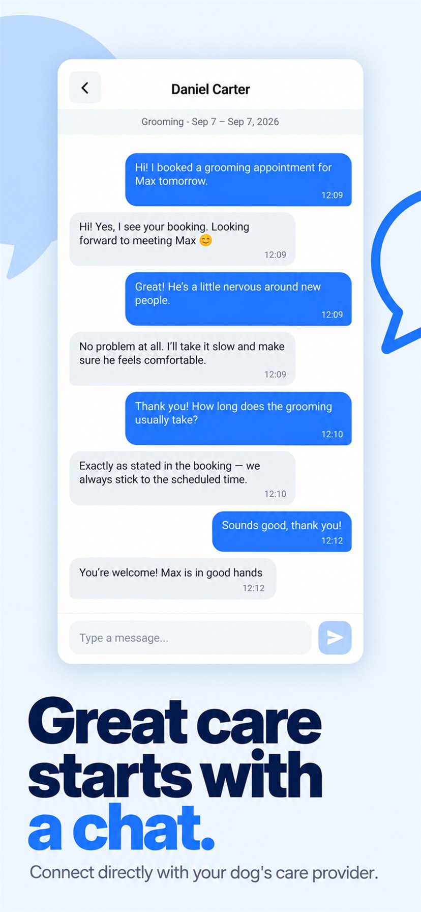 Store screenshot titled “Great care starts with a chat.” — a conversation between a dog owner and a provider about a grooming appointment