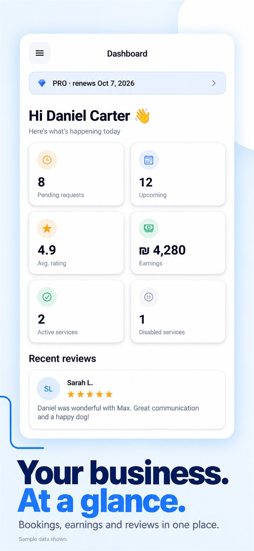 Store screenshot titled “Your business. At a glance.” — the provider dashboard with pending requests, upcoming bookings, average rating, earnings, active services and recent reviews