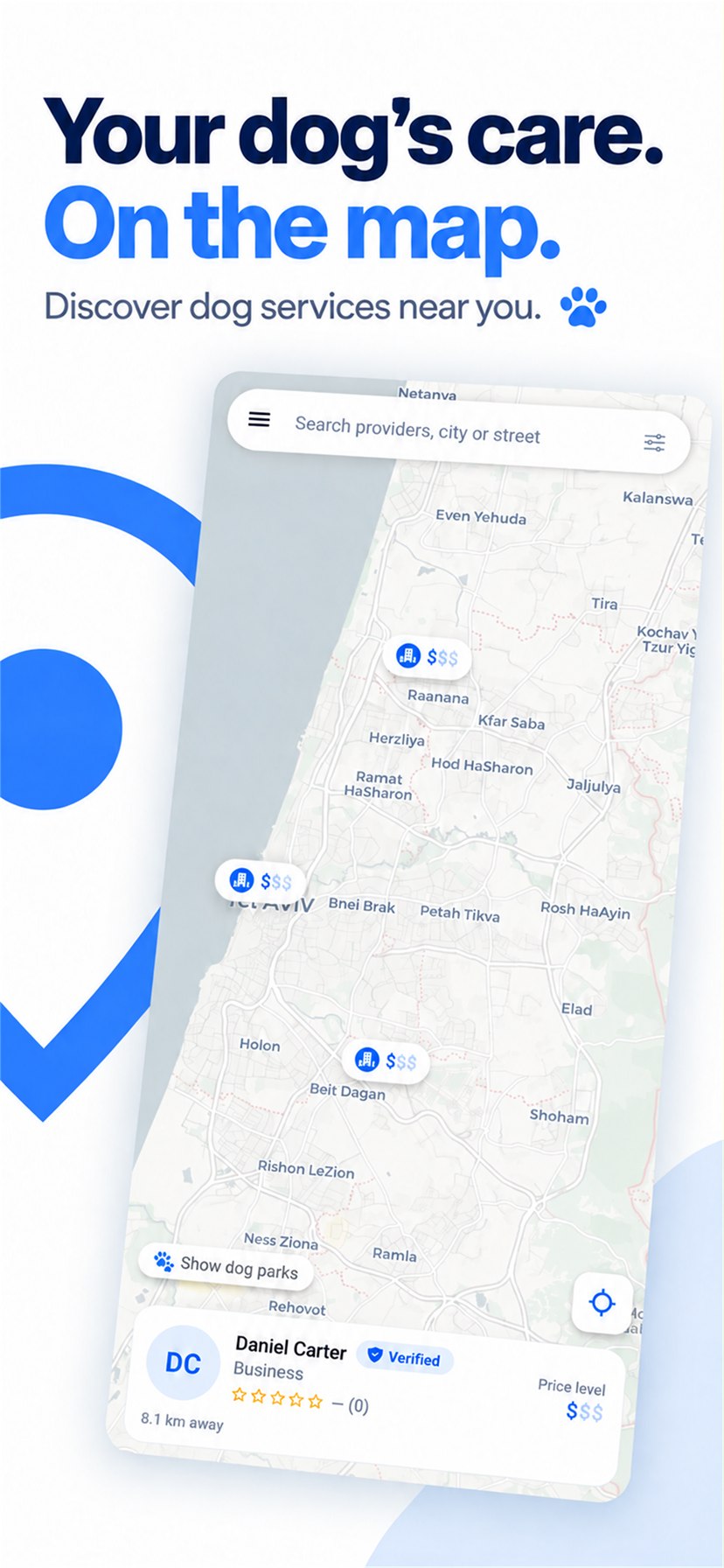 Store screenshot titled “Your dog's care. On the map.” — the Collaro map with provider pins, a search bar, a Show dog parks toggle and a provider card marked Verified