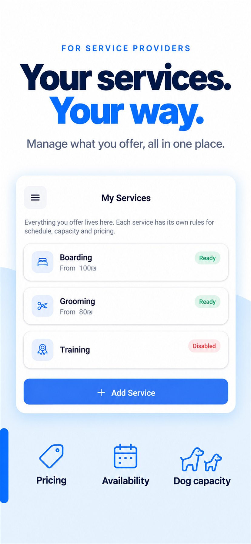 Store screenshot titled “Your services. Your way.” — the provider's My Services screen with Boarding, Grooming and Training, their starting prices and status, and icons for pricing, availability and dog capacity